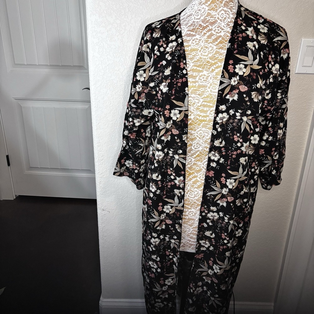 Bailey's Blossoms Kimono Open Front Brown Floral Long‎ 1/2 Sleeve XS/S Whimsy